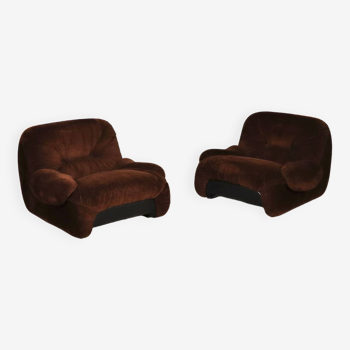 Pair Of ‘Malù’ Lounge Chairs In Brown Corduroy Upholstery By Diego Mattu For 1P, 1970s