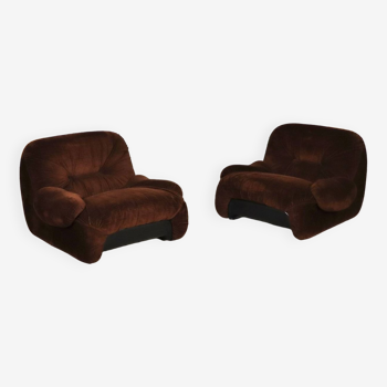 Paire de fauteuils lounge "Malù" en velours côtelé marron par Diego Mattu pour 1P, années 1970