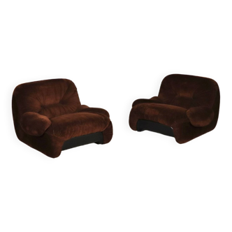 Paire de fauteuils lounge "Malù" en velours côtelé marron par Diego Mattu pour 1P, années 1970