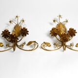 Pair of gold plated Italian 1980's floral Regency Murano glass sconces