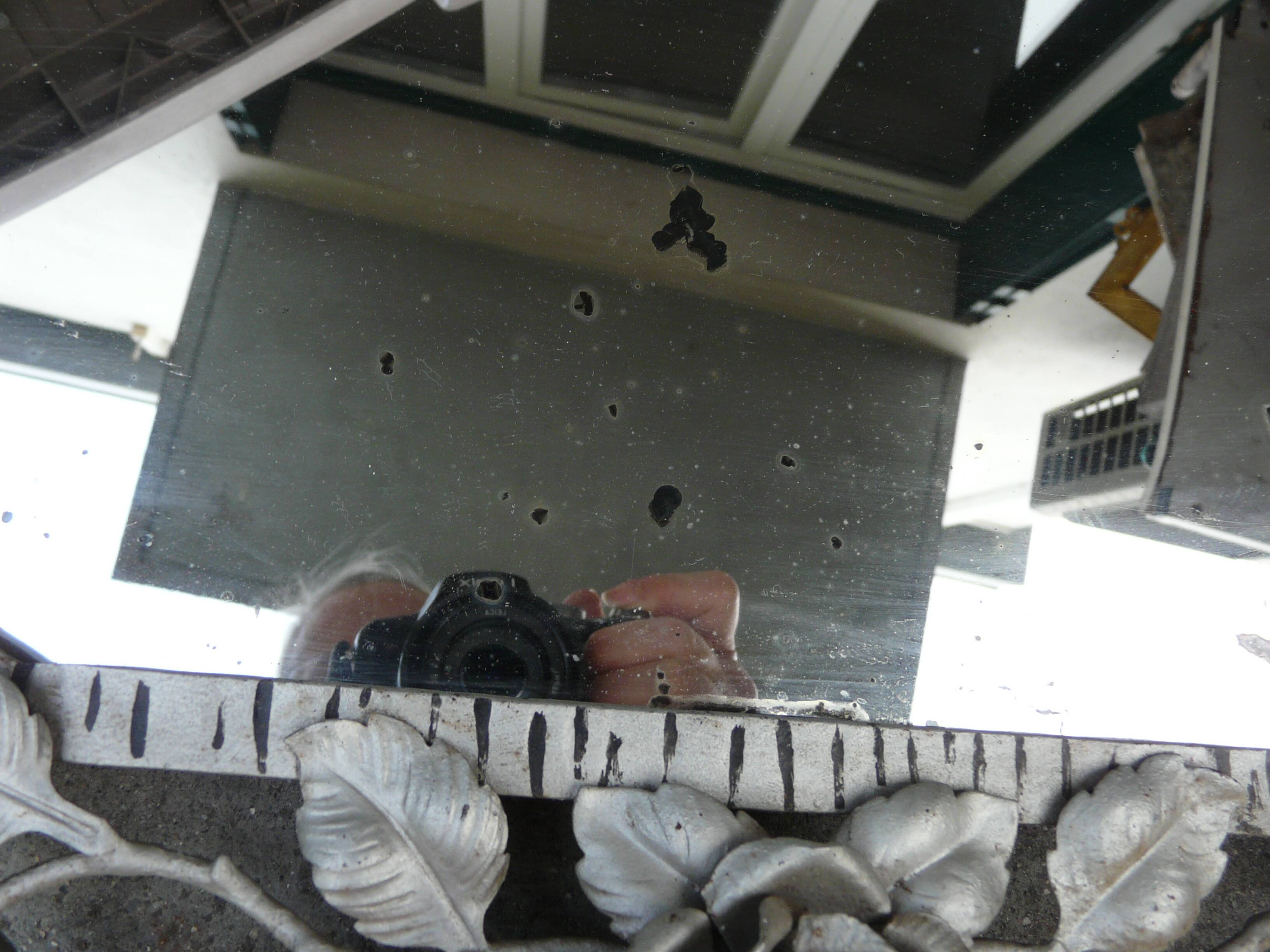 Beveled mirror with art-deco wrought iron frame and floral decor with hanging chain