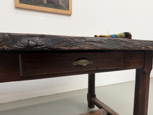 Brutalist farmhouse table in solid oak, 270 cm, 1920s.