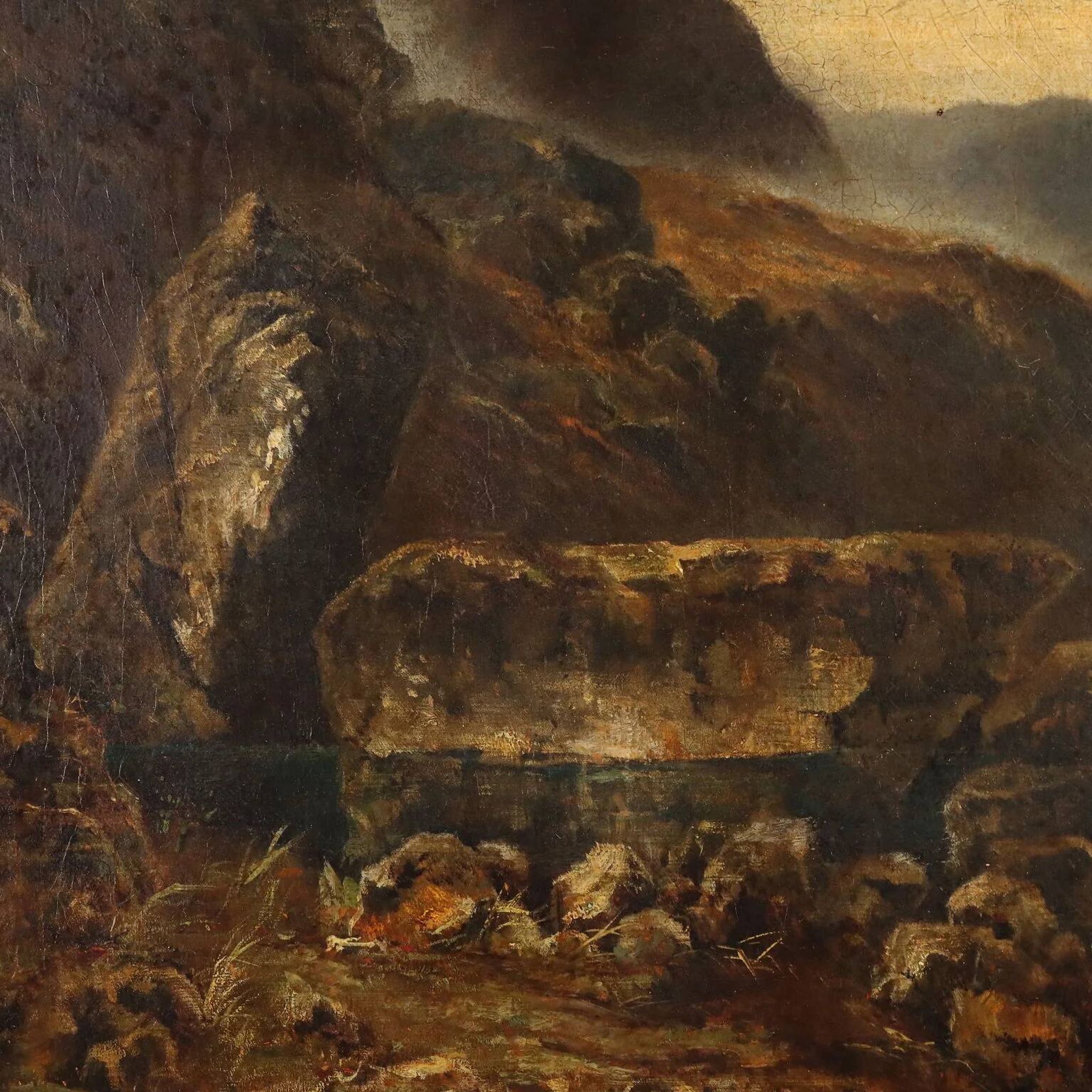 Old painting of a mountain landscape with a lake, oil on canvas 1890