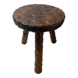 Hand-carved French brutalist tripod stool