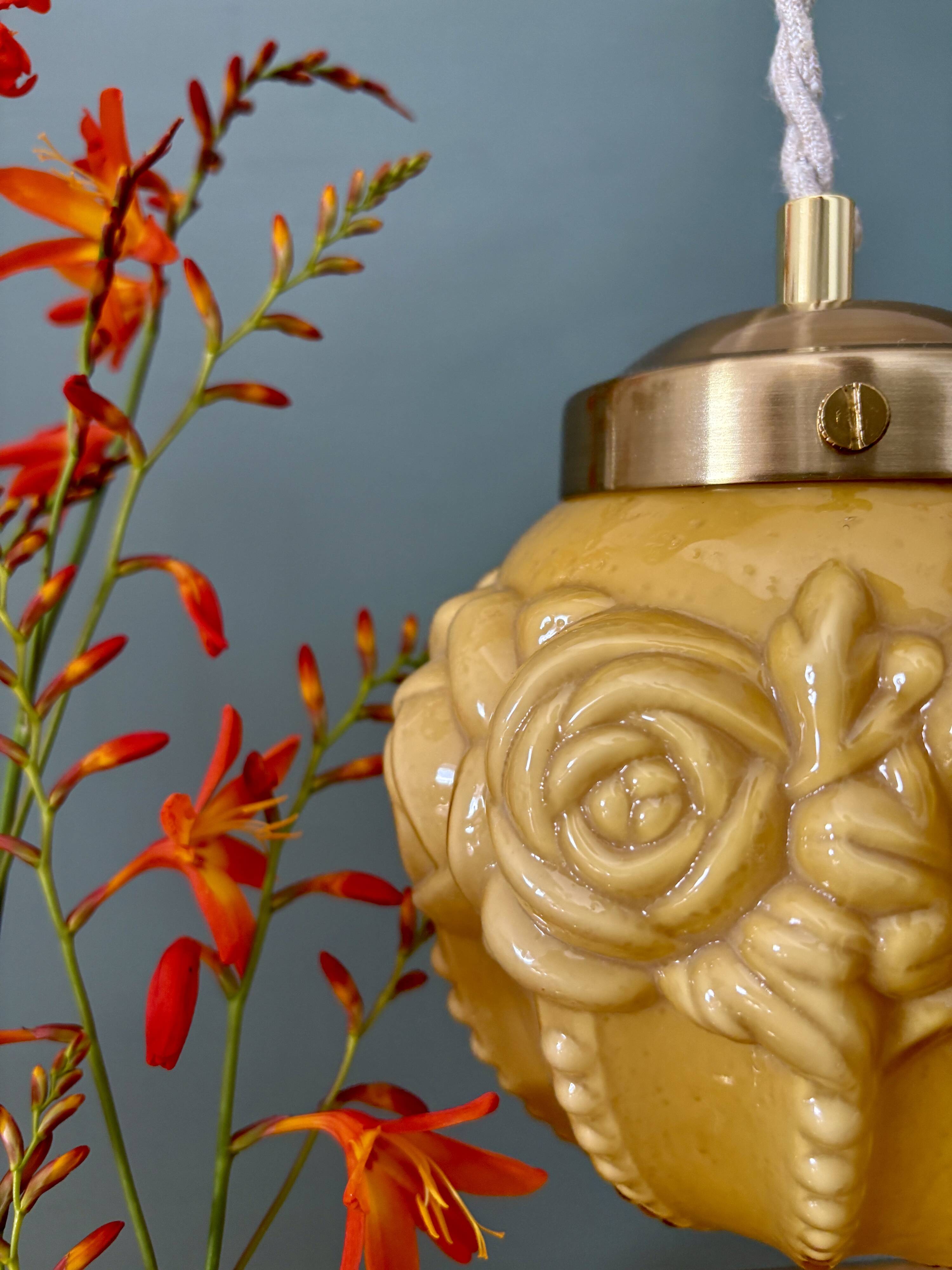 Vintage art deco globe pendant light in ochre opaline