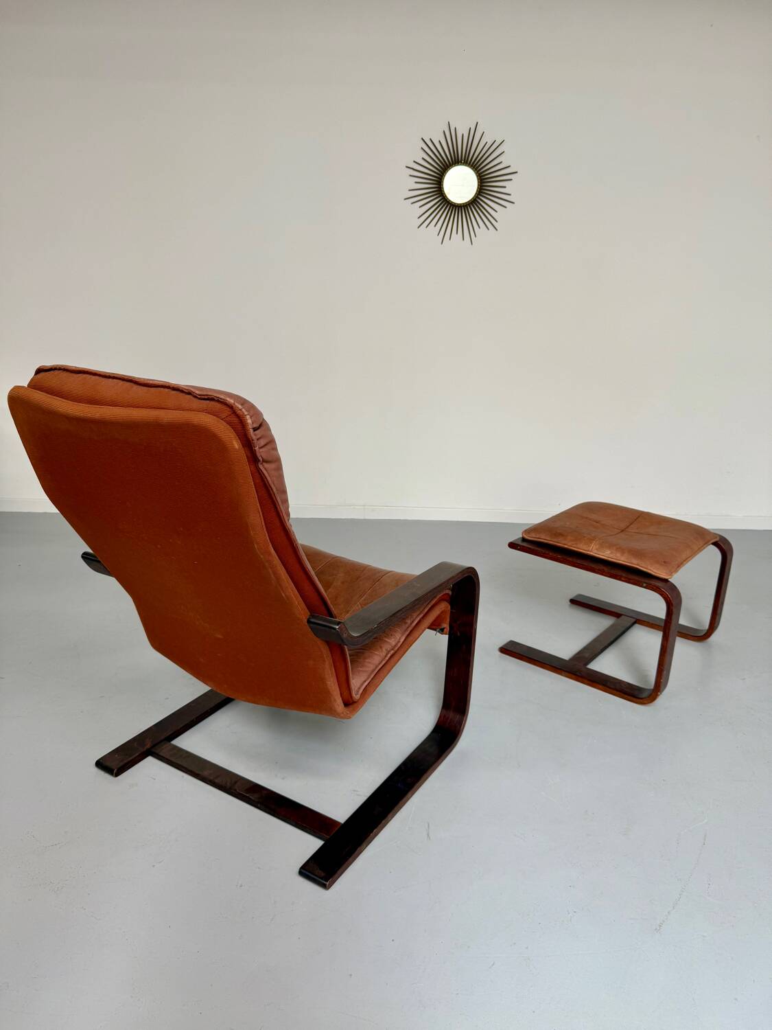 Yngve Ekström 70 Scandinavian design armchair with leather and wood ottoman