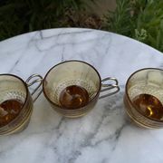 Set of 4 vintage amber glass and chrome metal cups – 1970s