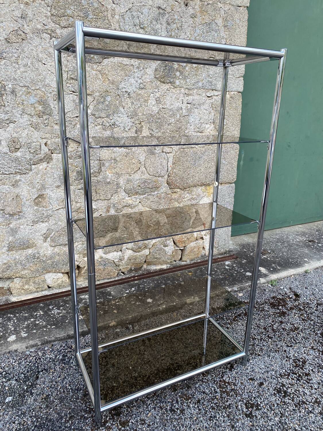Vintage 1970s Rectangular Chrome High Shelf with 5 Smoked Glass Shelves