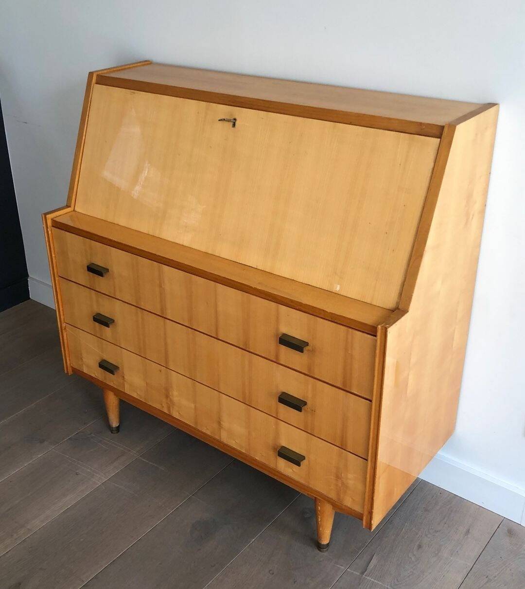 Secretary in Sycamore with Bronze Handles, French Work