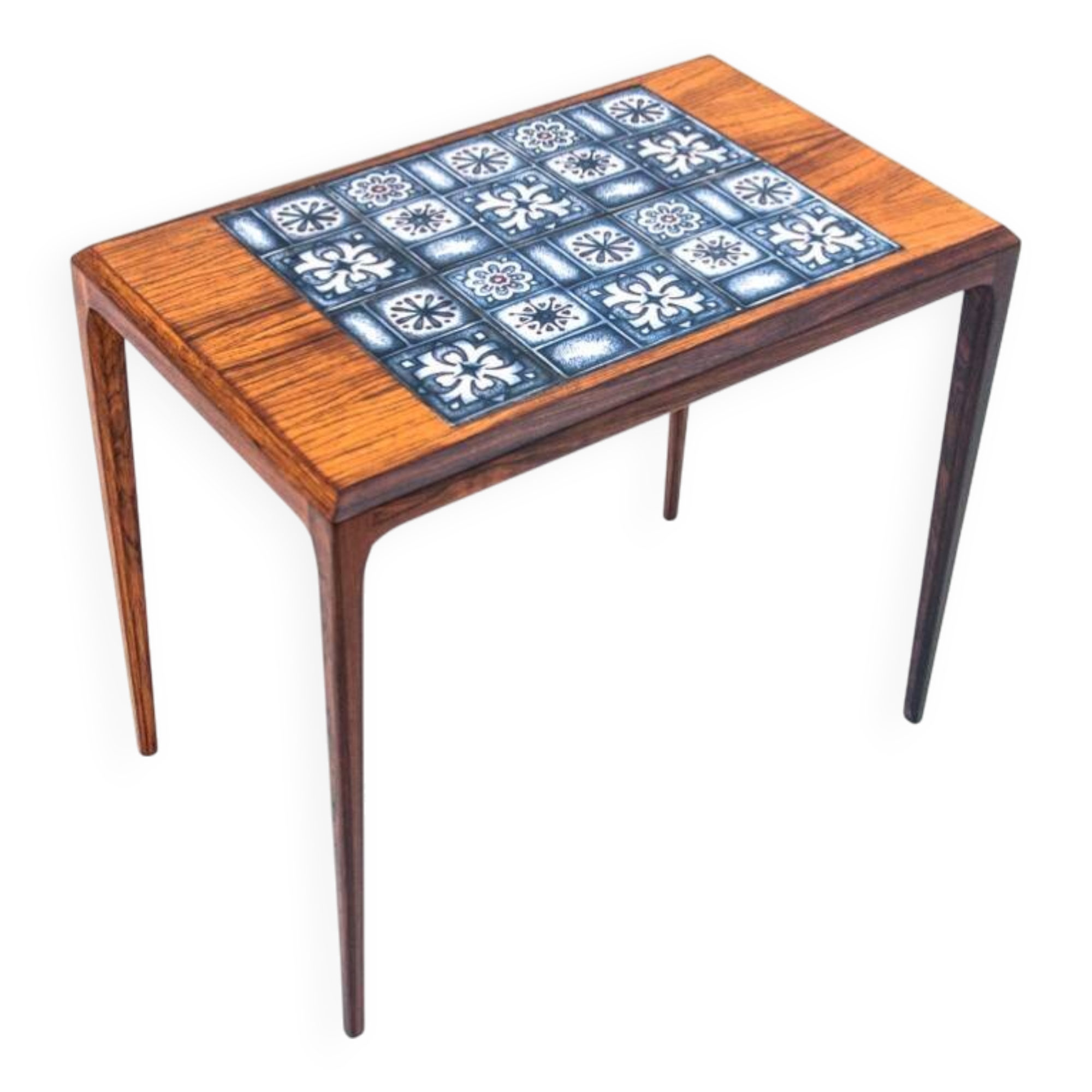 Side table with blue ceramics, Denmark, 1960s. After renovation.