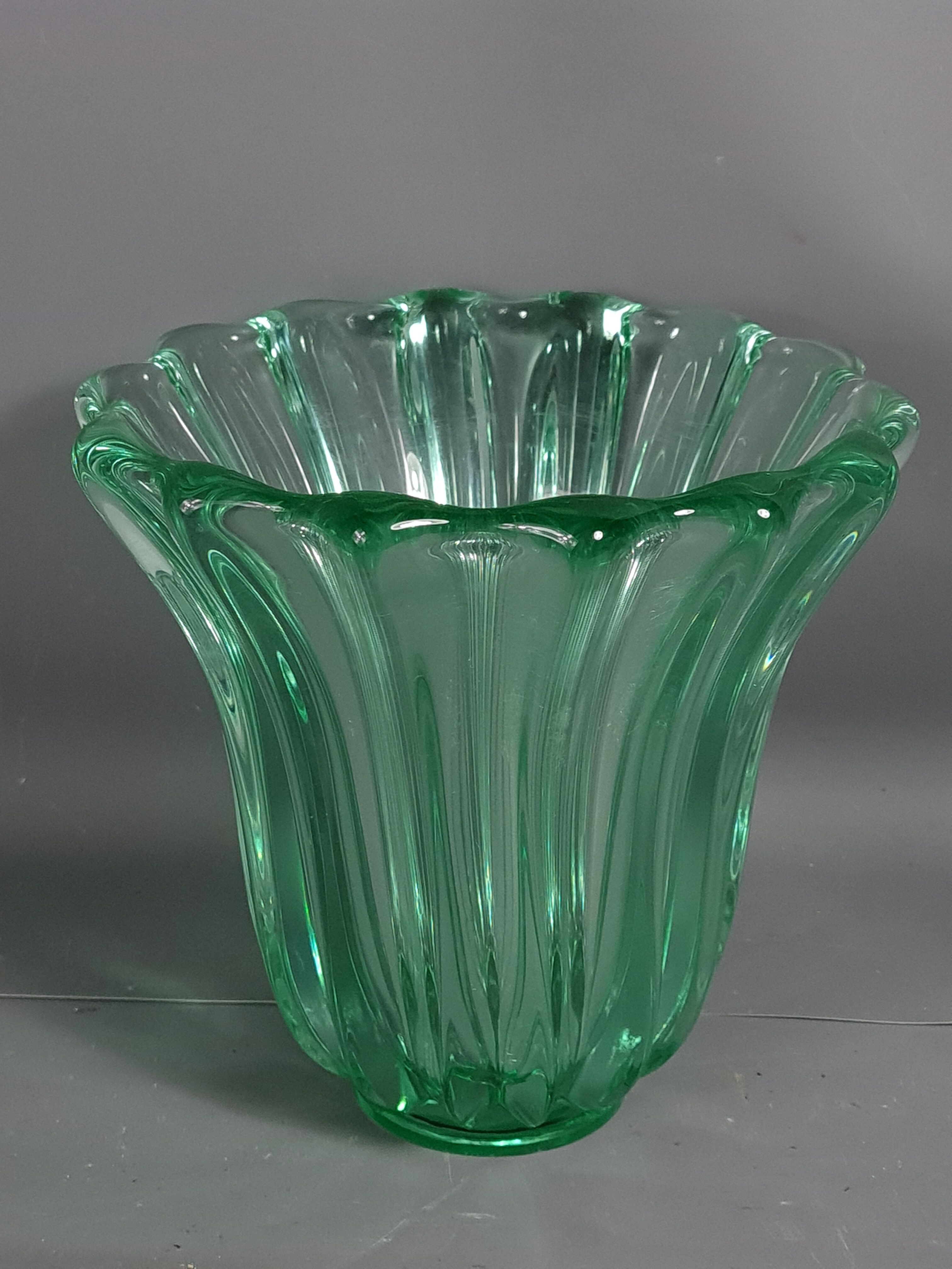 Molded pressed glass vase by Pierre D'Avesn around 1930. Signed