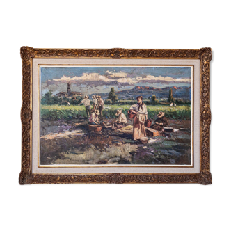 Harvesting the crop - Large Frame Post Impressionist Oil