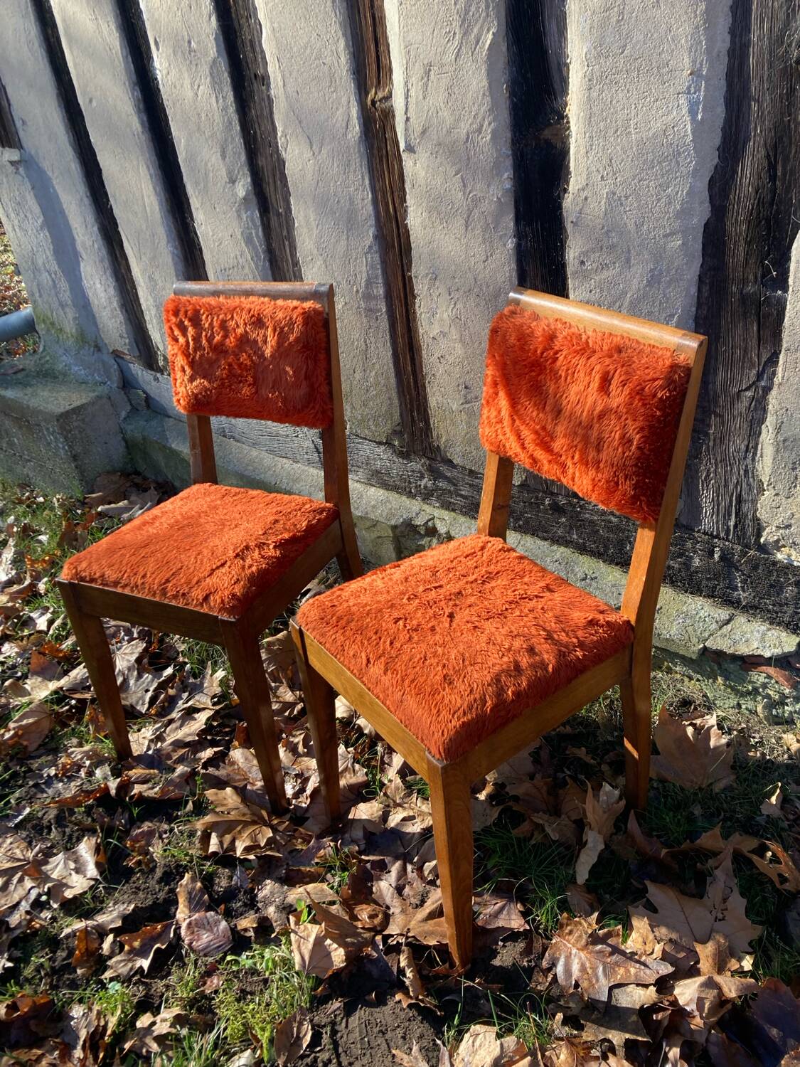Pair of 1960 1970 chairs in wood and fur / vintage seat signed TAB