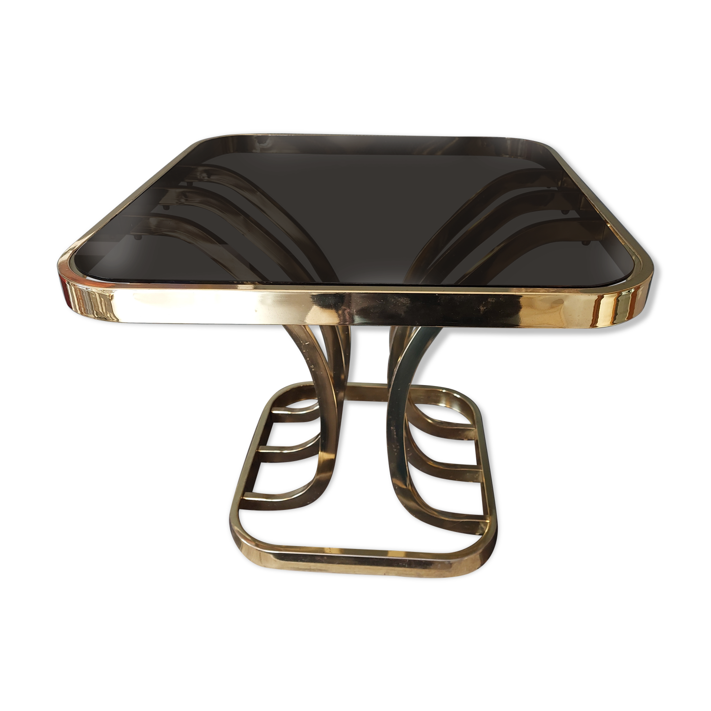Vintage square brass and glass coffee table with smoked glass top, french 1970