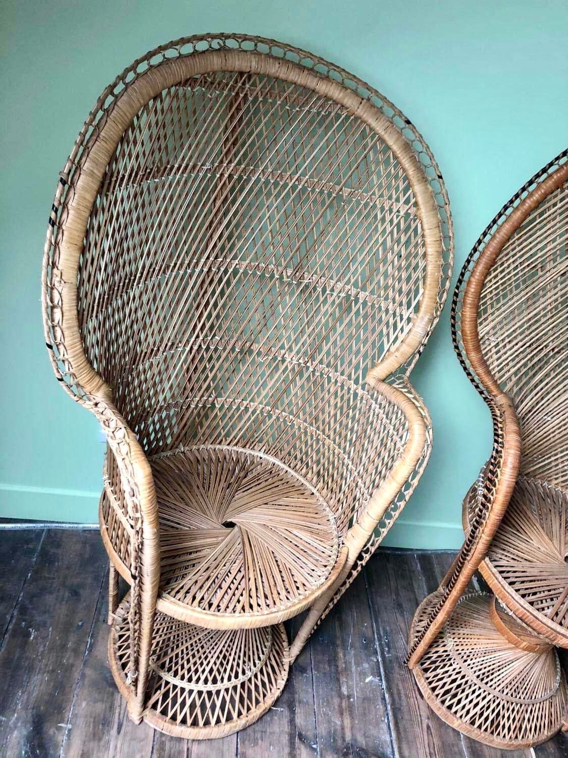 Pair of vintage Emmanuelle armchairs, antique peacock seating furniture