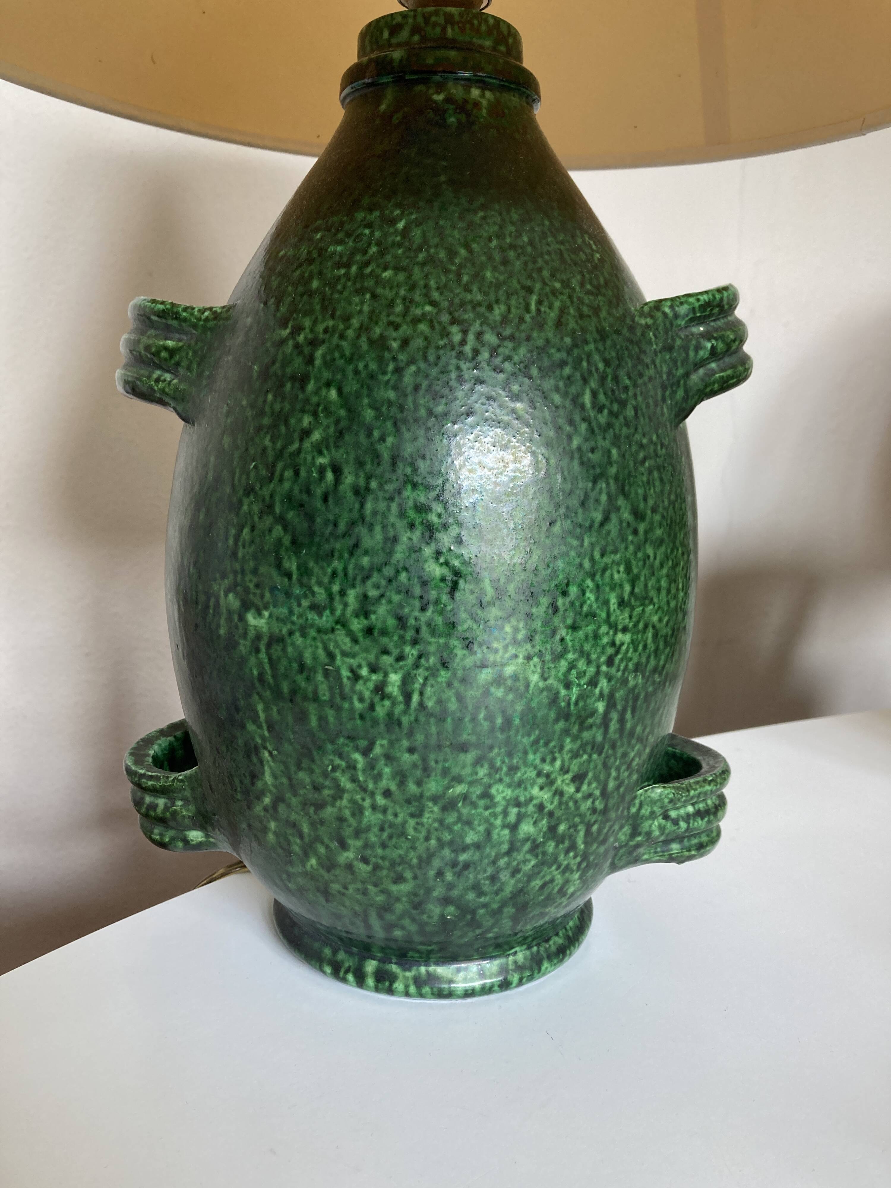 XXL green glazed terracotta lamp by Foucart Jourdan Vallauris 1960