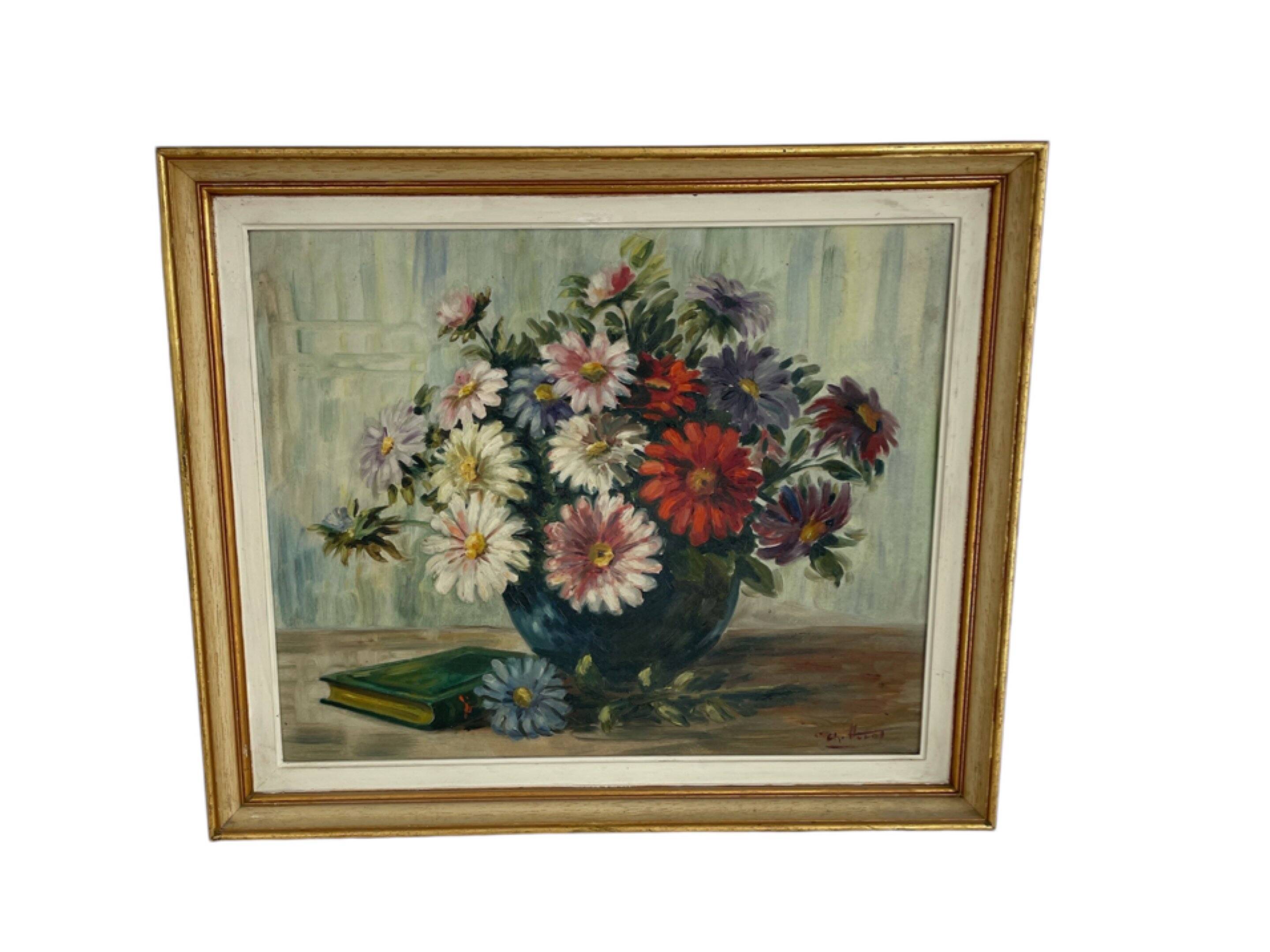 Vintage, oil painting, still life with bouquet of flowers, book, 20th century, signed