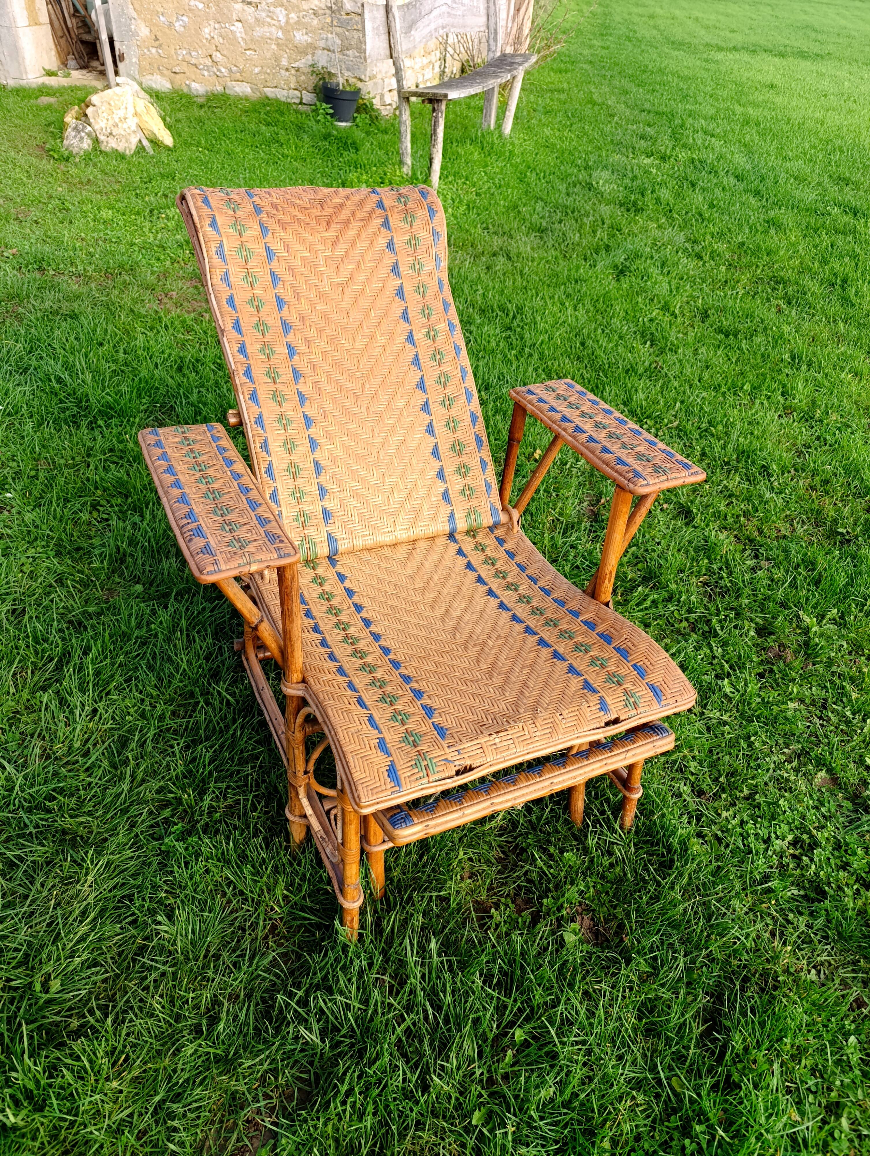 Adjustable Chaise Longue in Bamboo and Woven Rattan