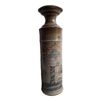 Vintage stoneware vase with naive decor