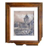 Tableau Dessin encre XIX° siècle "l'église abandonnée" signé Constant