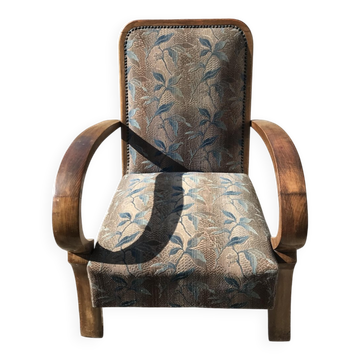 Art Deco armchair set in brown walnut, fabric with a floral pattern, 1930s (Czech Republic)