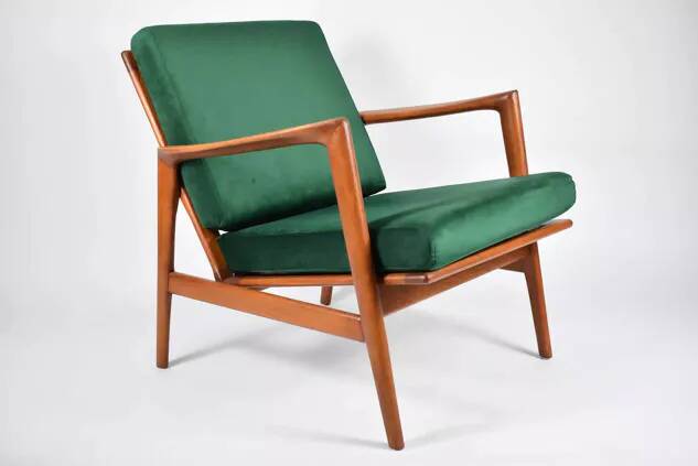 Fauteuil scandinave restauré, icône des années 60, velours