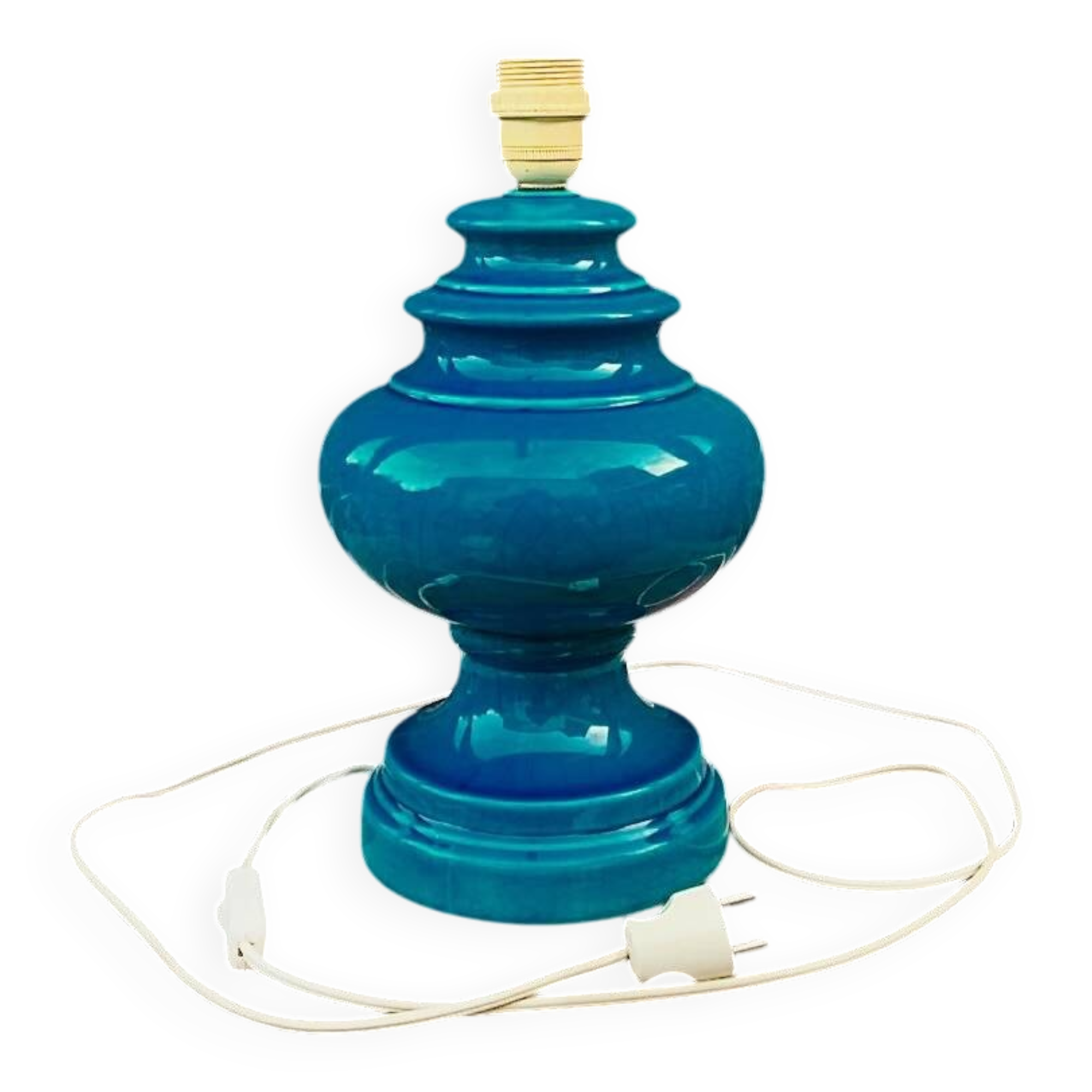 Antique large lamp base in duck blue glazed ceramic