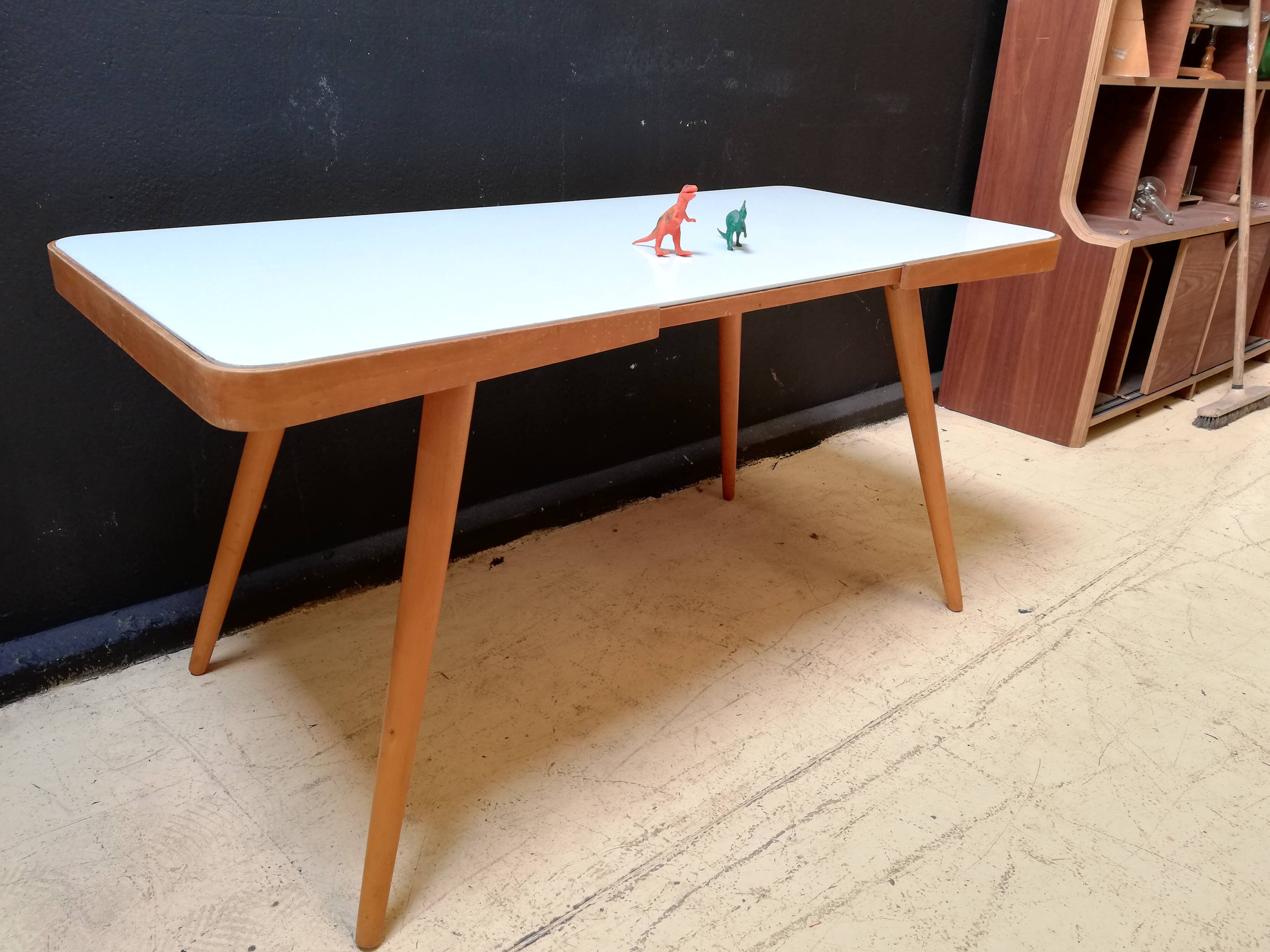 Wooden coffee table, children's desk glass top, interier praha, 1960, Czechoslovakia