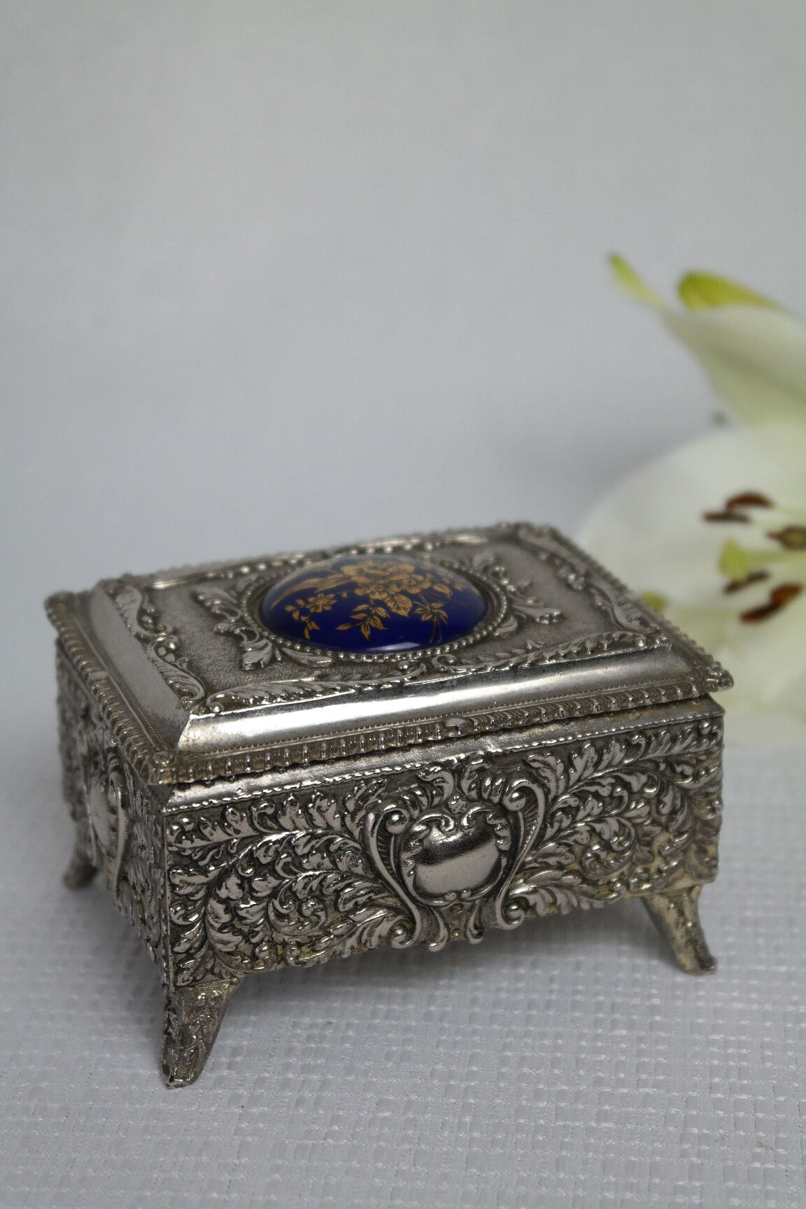 Vintage Silver Metal Jewelry Box Japan