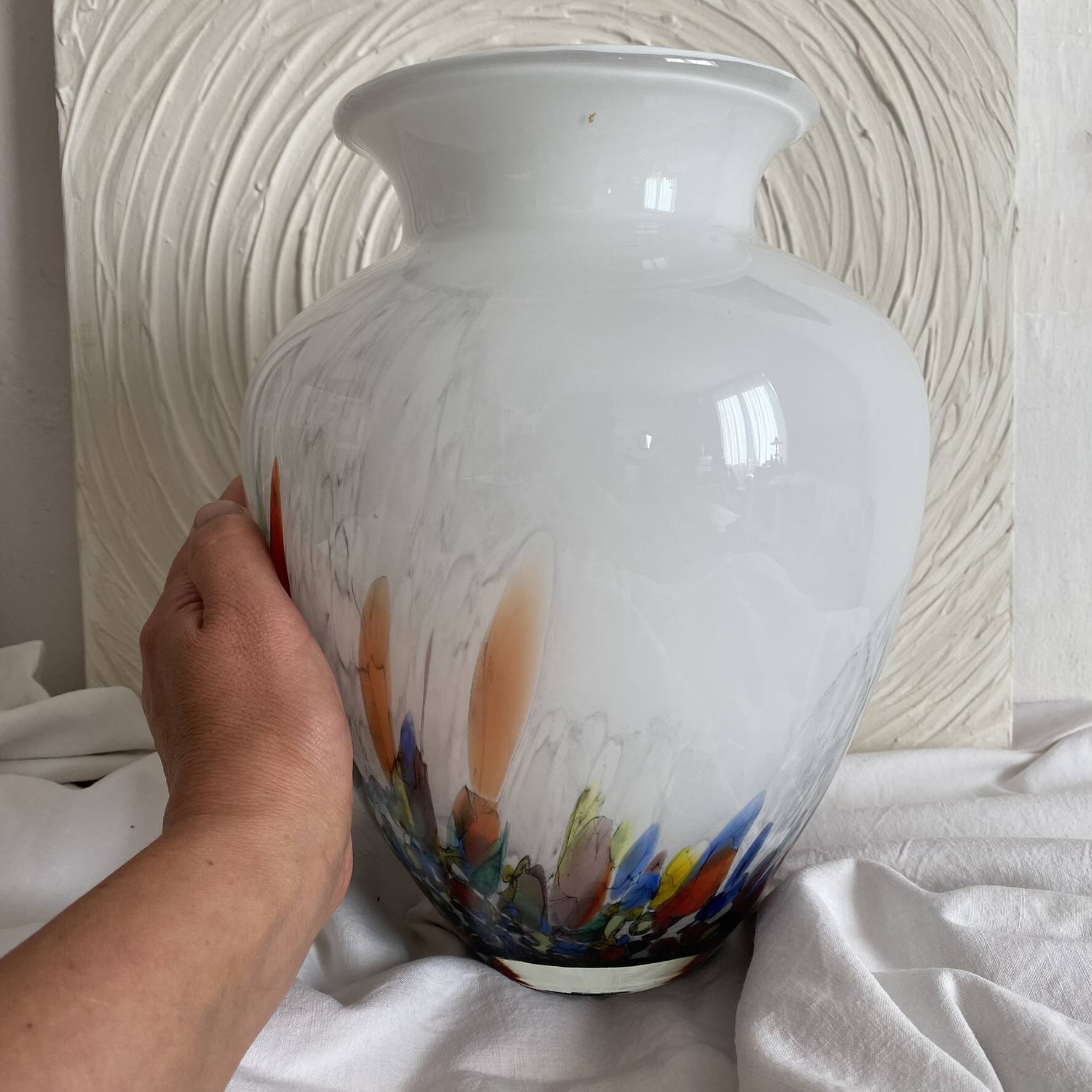 Large blown glass vase with polychrome inclusions in the Murano style.