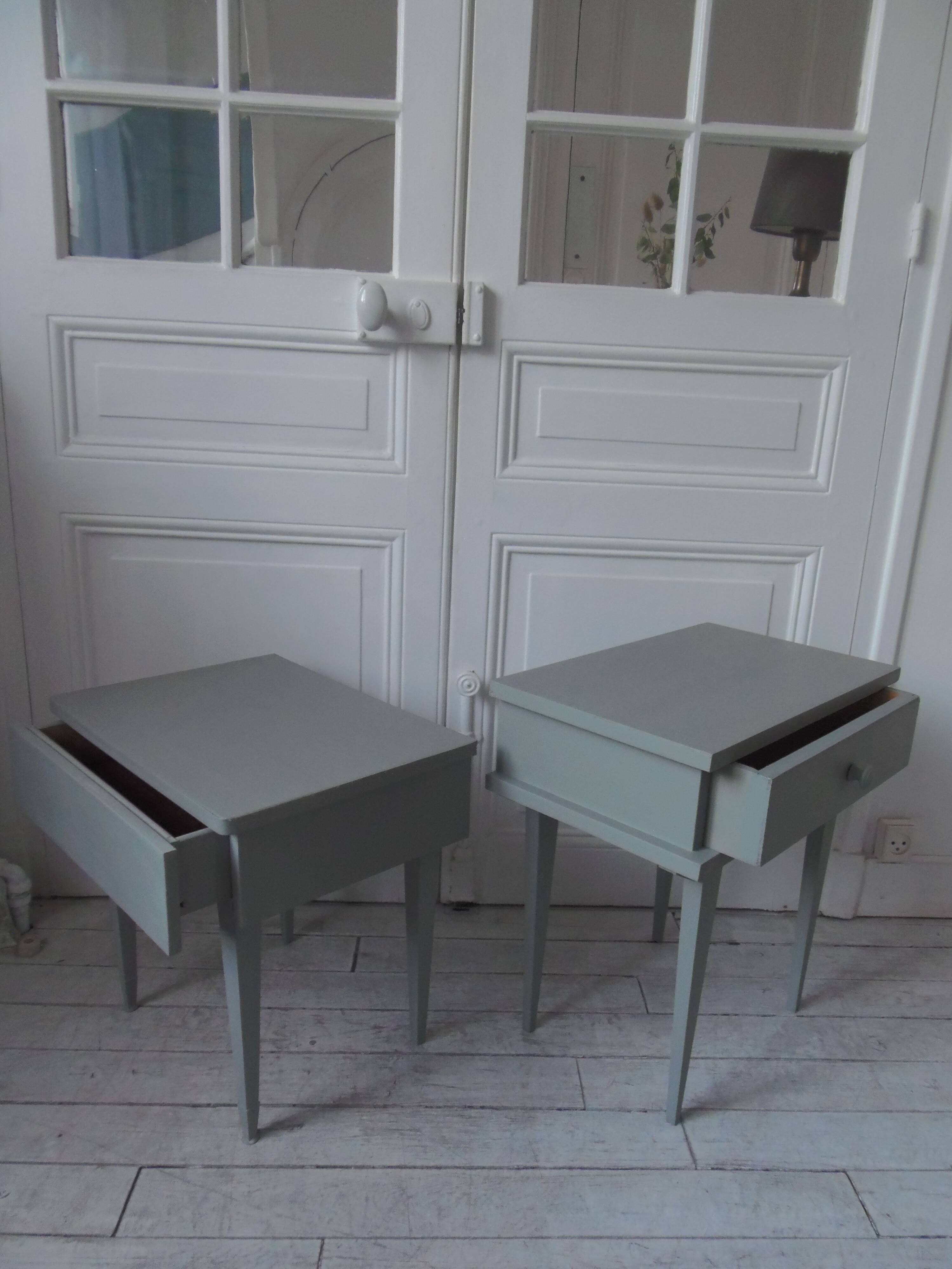 Duo of bedside tables, vintage mismatched verdigris end tables.