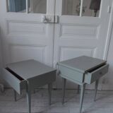 Duo of bedside tables, vintage mismatched verdigris end tables.