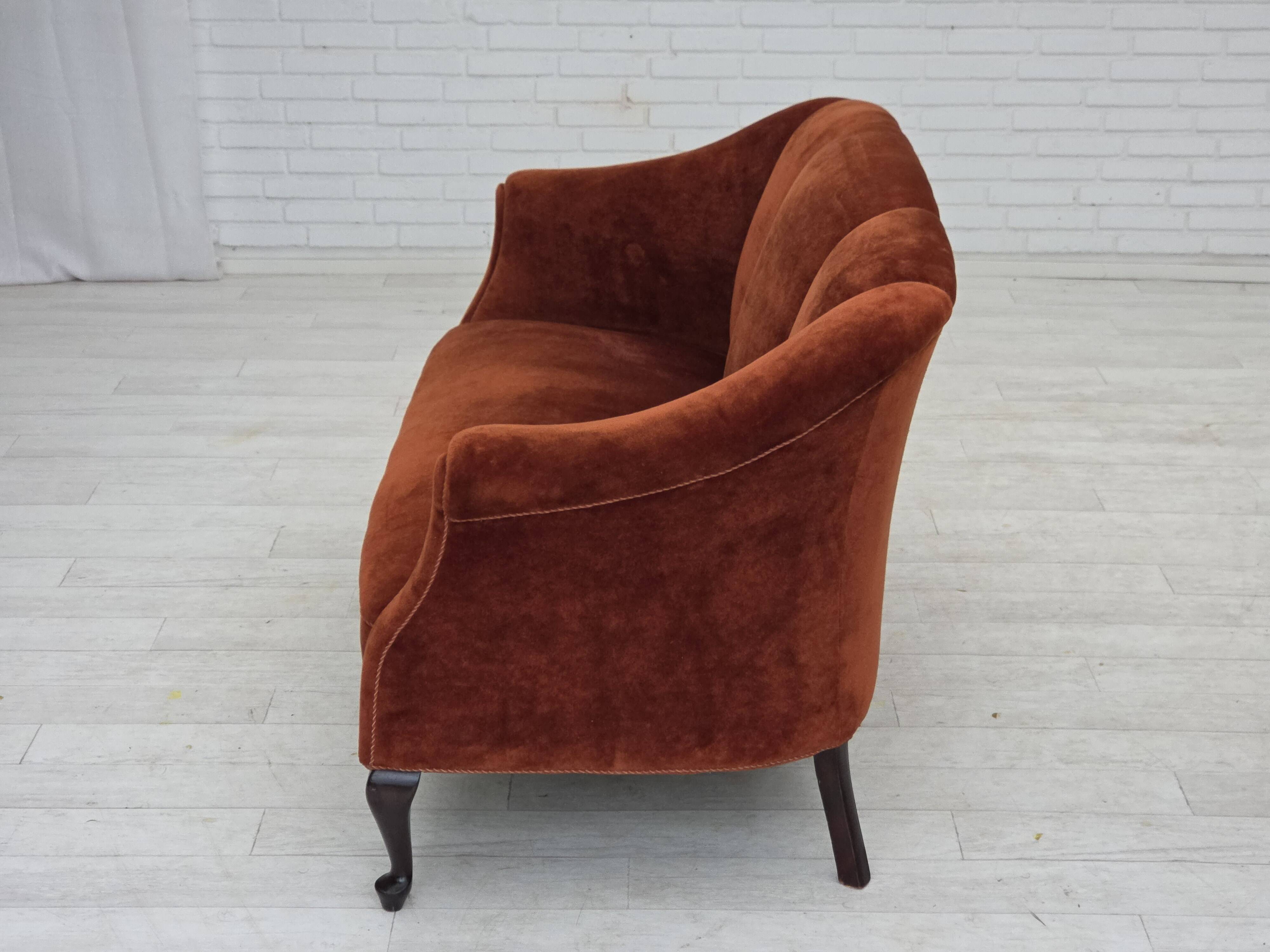 1950s, Danish 2-seater sofa, furniture velour, oak wood legs.