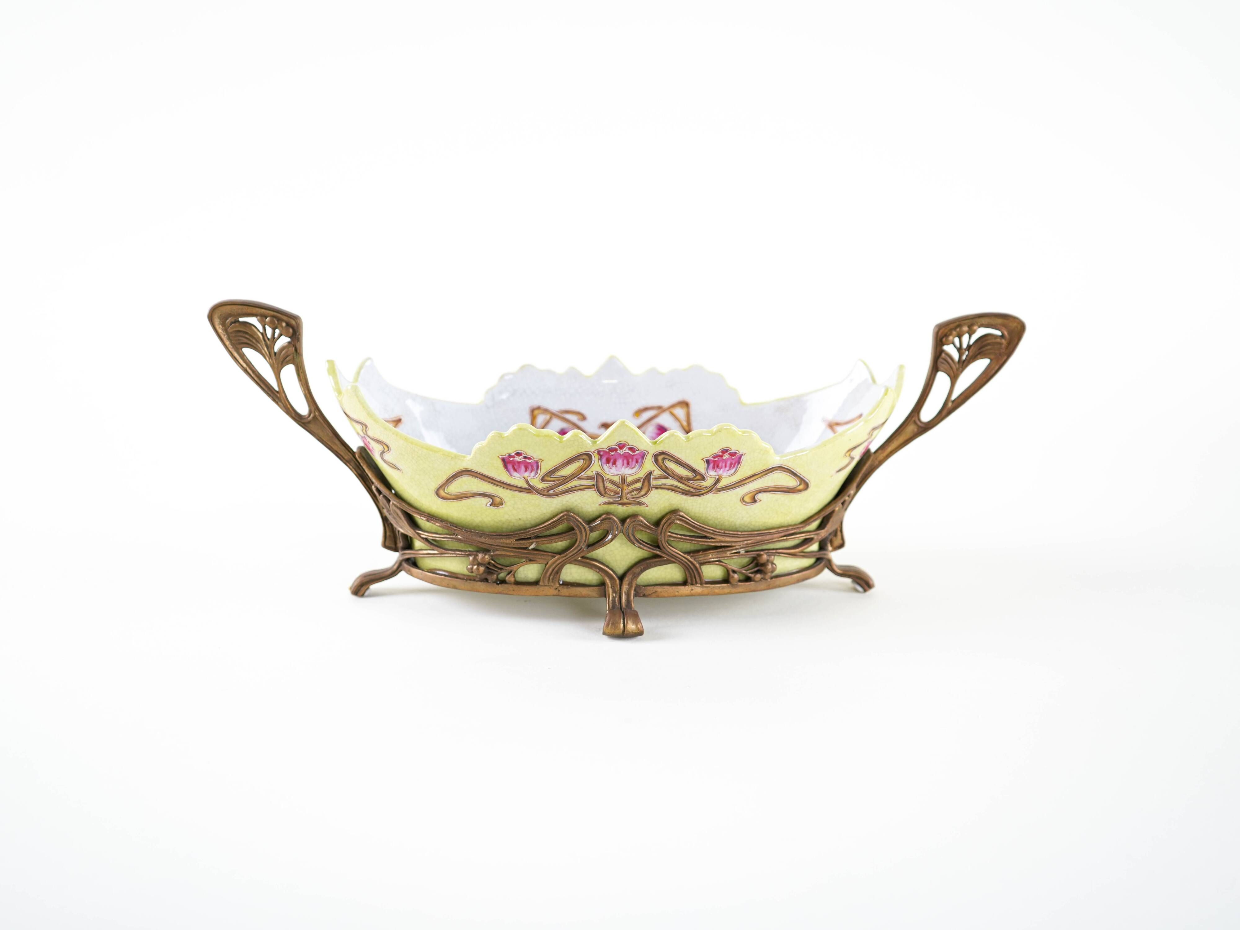 Art Nouveau ceramic platter with glazed golden finish in decorative metal frame, European