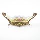 Art Nouveau ceramic platter with glazed golden finish in decorative metal frame, European