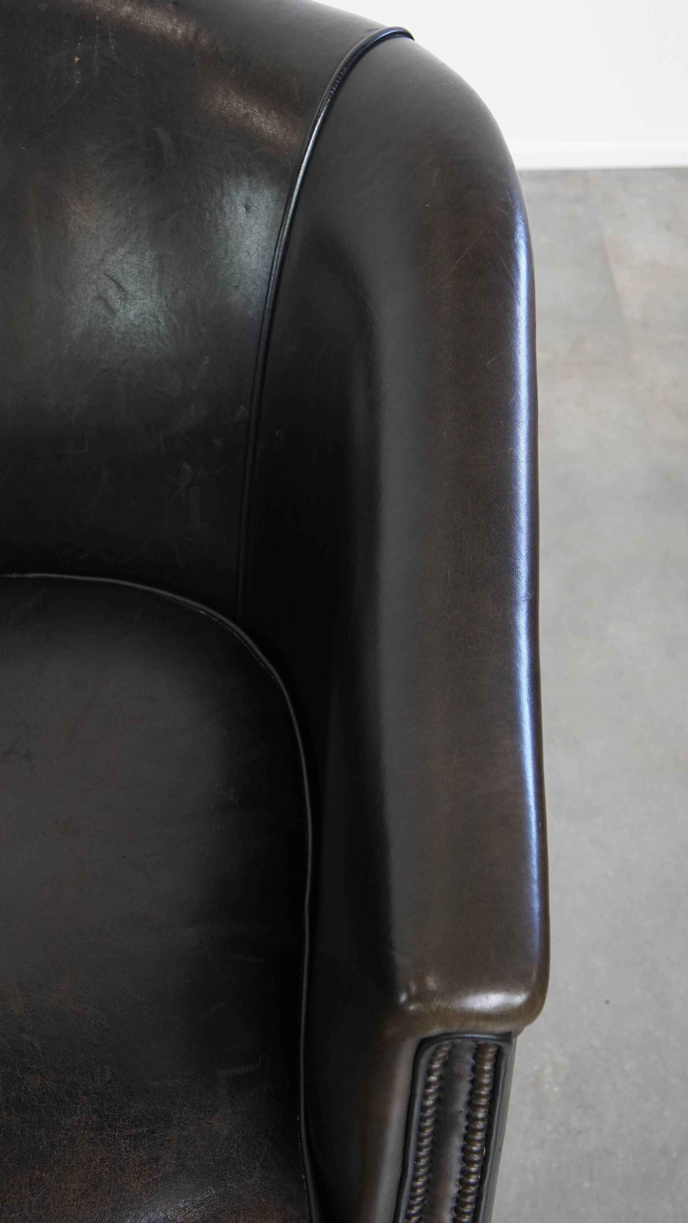 Set of 2  black/grey sheepskin leather club chairs