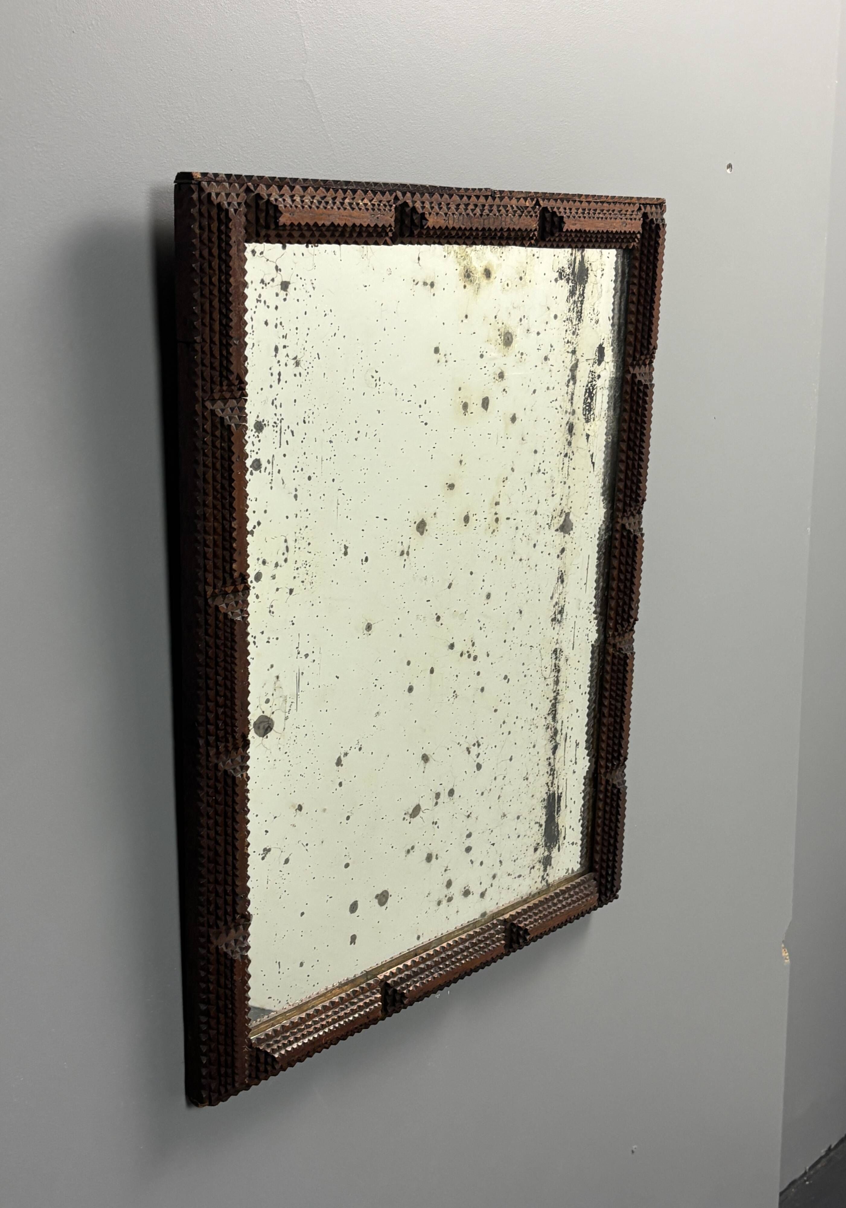 Antique tramp art folk art distressed mirror, Belgium ca 1900s