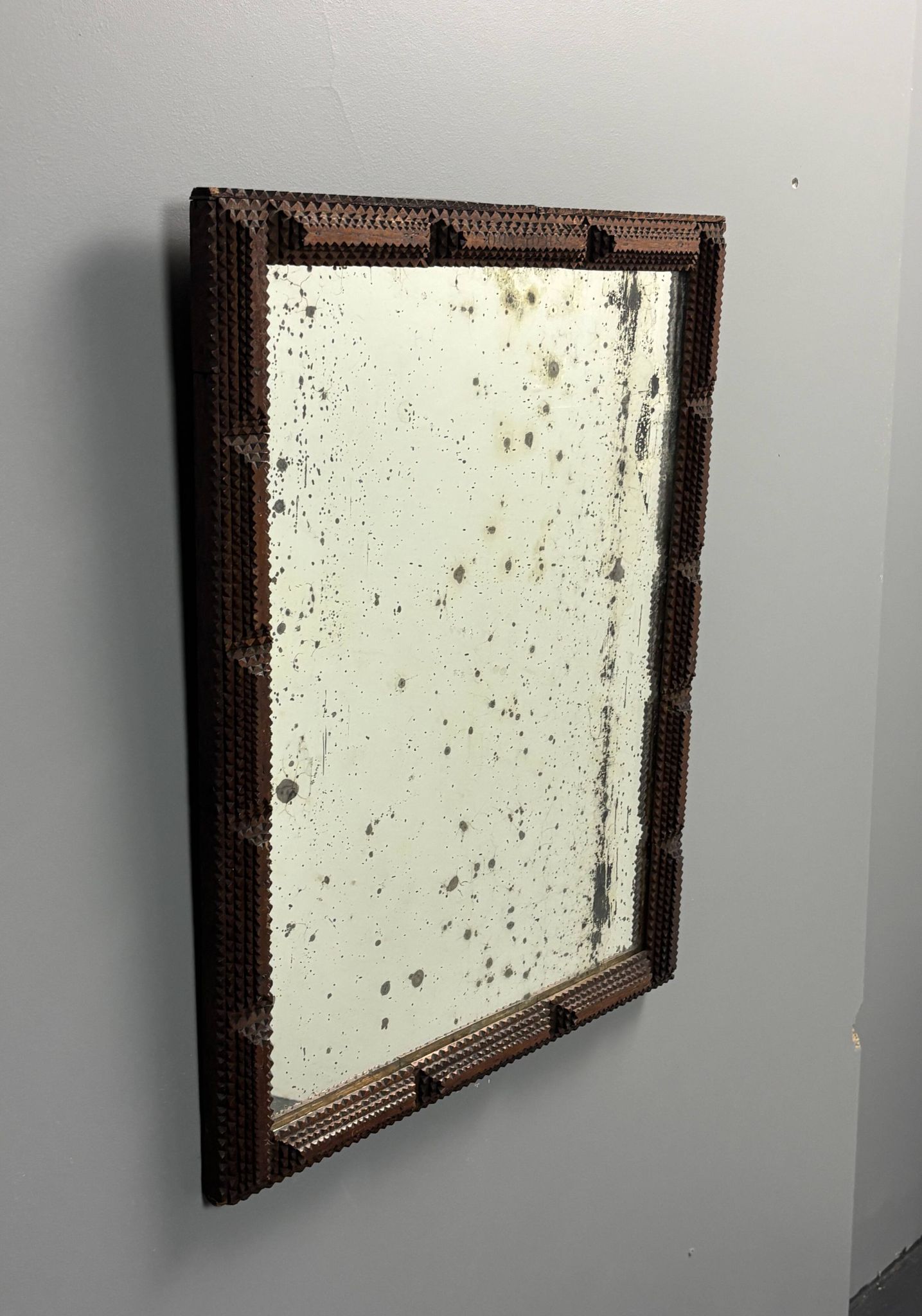 Antique tramp art folk art distressed mirror, Belgium ca 1900s