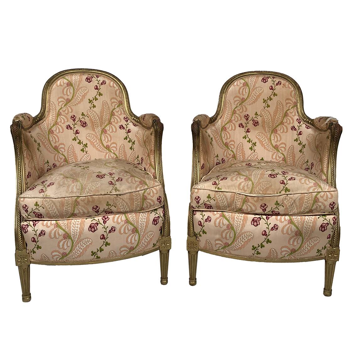 Pair of gilded wood chairs trimmed with silk with flower motifs, art deco inspired by Louis XVI