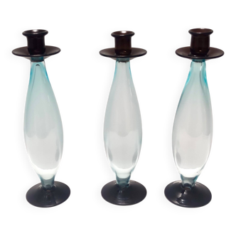 Postmodern Set of Three Aquamarine and Brown Murano Glass Candleholders, Italy