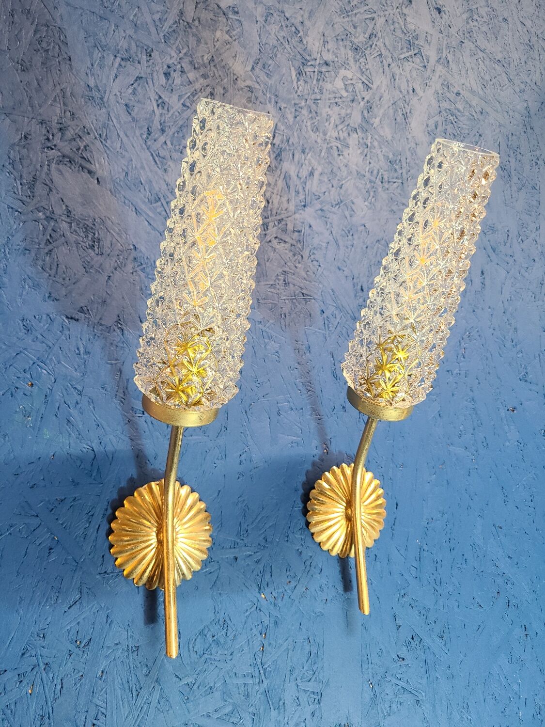 Pair of vintage 1970 glass and metal wall lights
