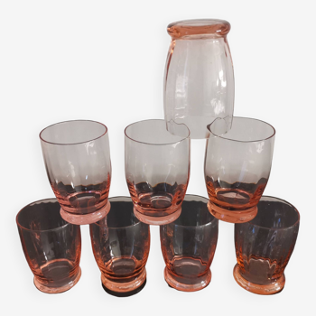 8 Verres rose cannelés  style Art déco Made in France 1950