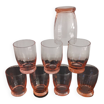 8 Art Deco style fluted pink glasses Made in France 1950