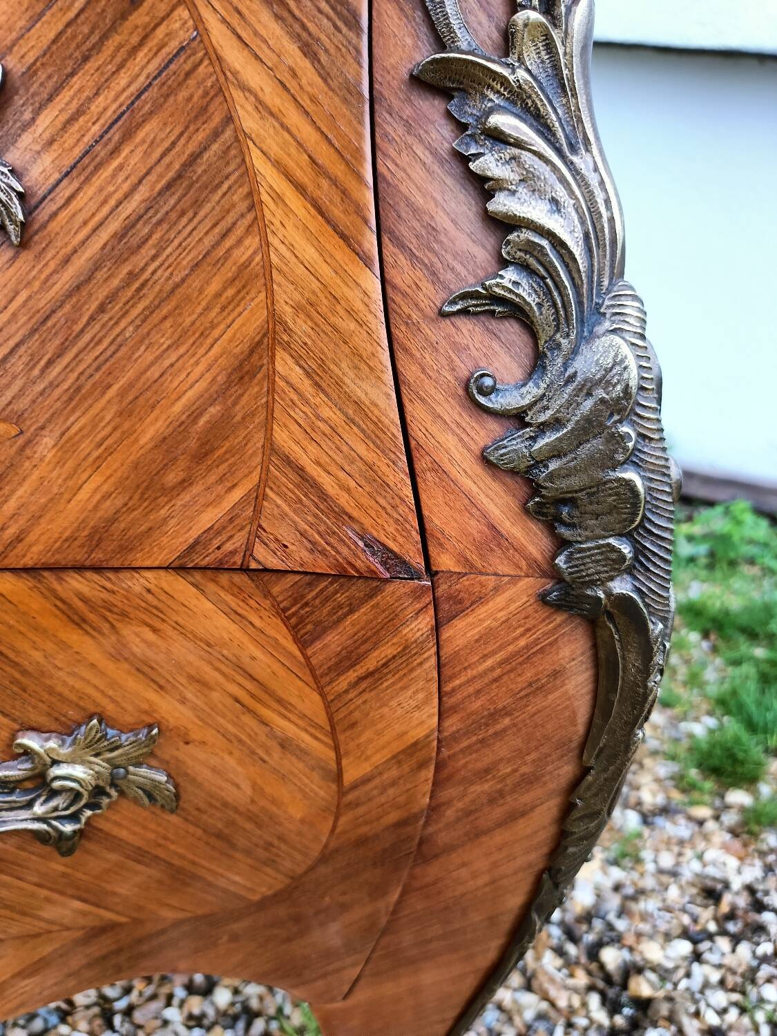 Old marquetry chest of drawers, Louis XV style marble top