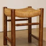 Vintage stool in solid oak and straw, 1960s