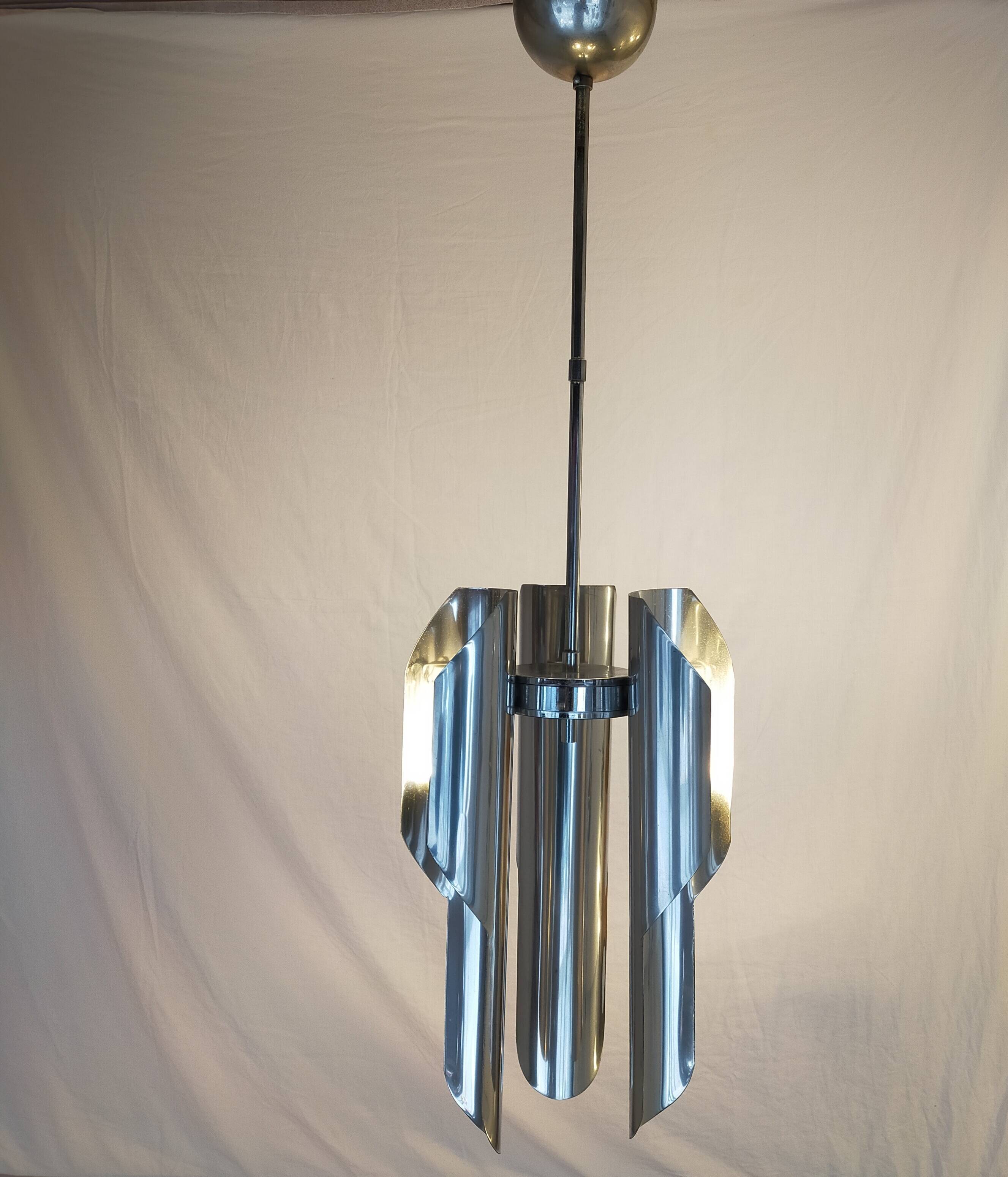 Chrome metal pendant lamp from the 1970s