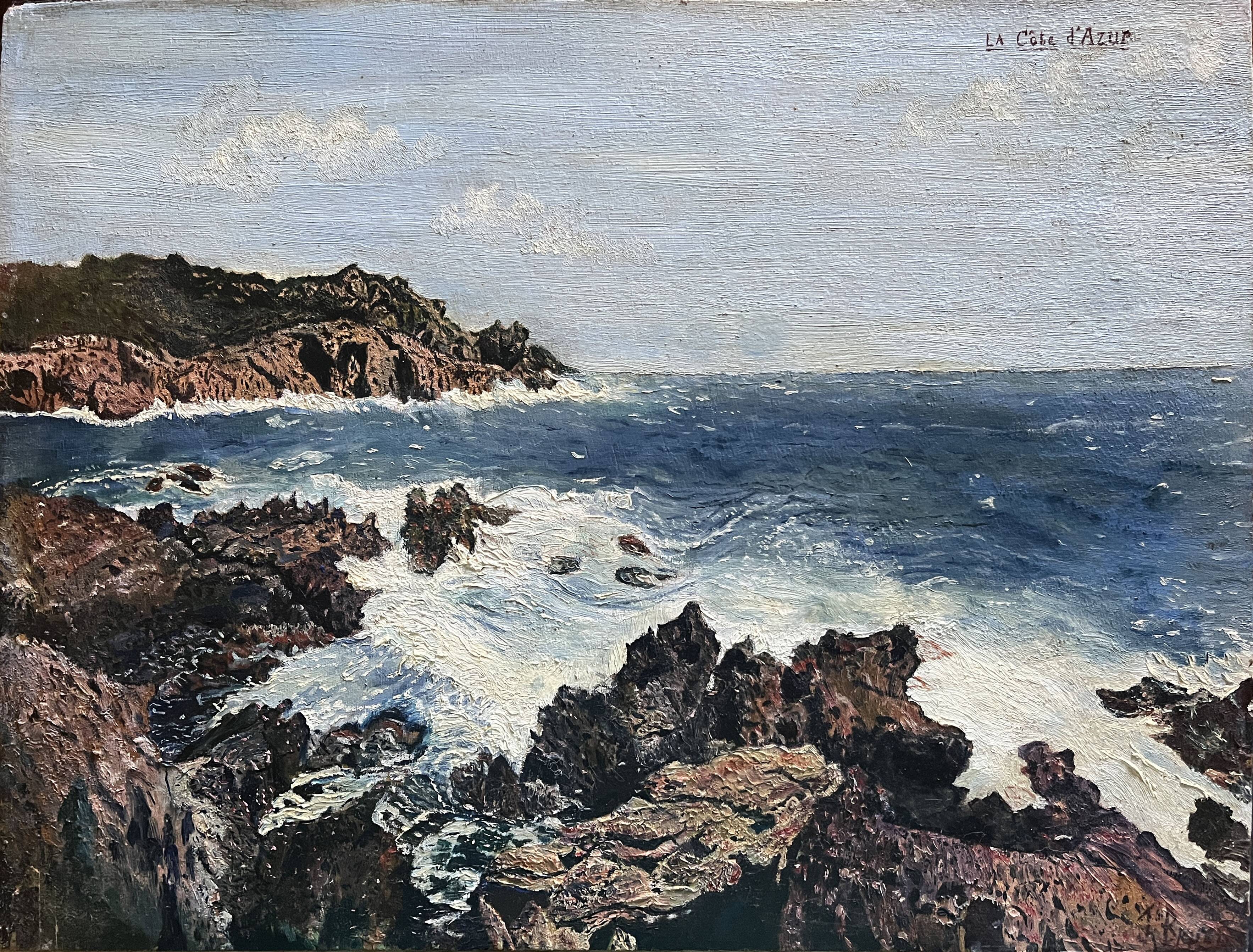 Tableau HSP "Bord de mer Côte d'Azur" Marine signée vers 1950