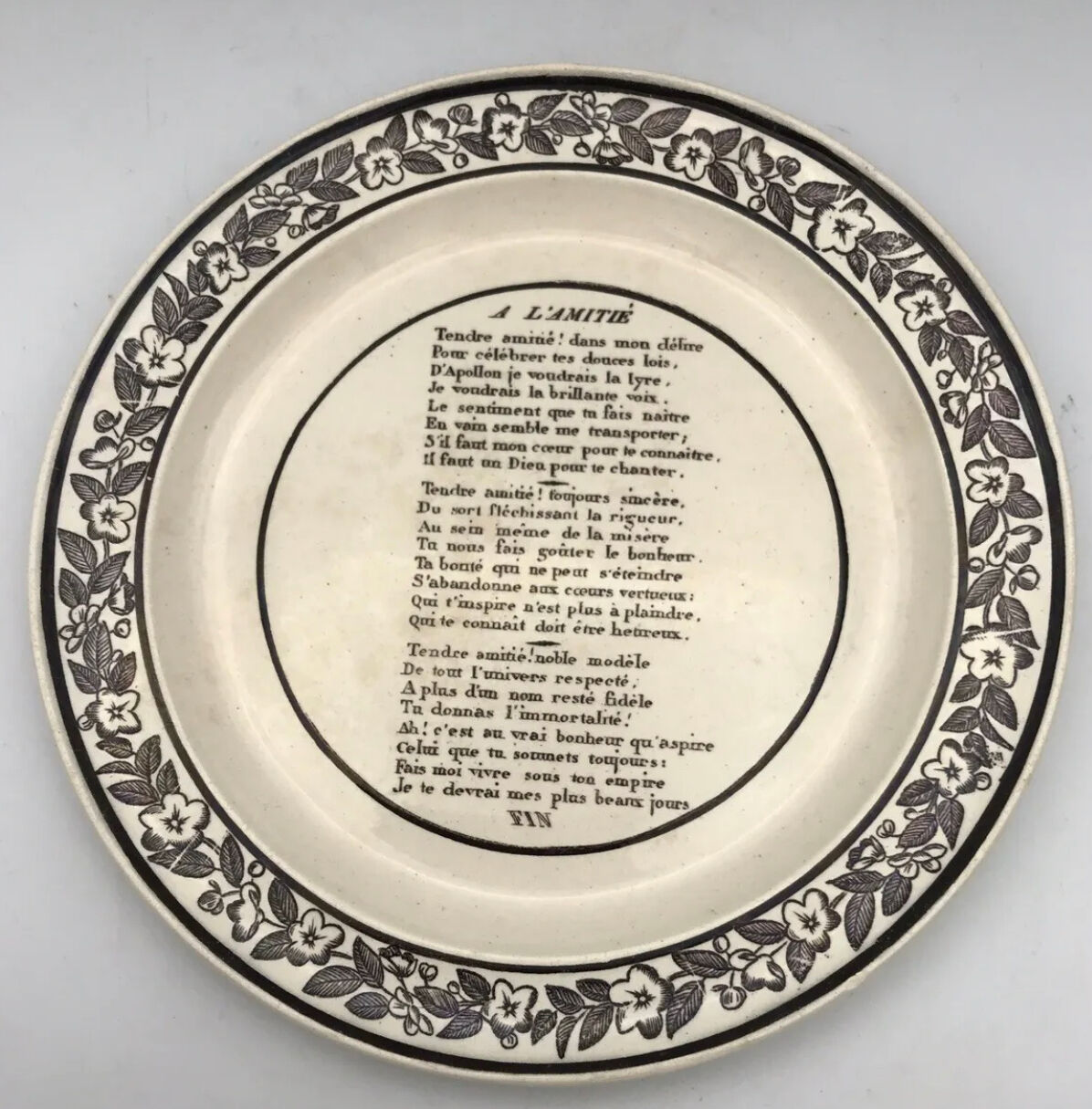 Set of 6 antique plates in fine earthenware with printed decoration of grisailles and poems