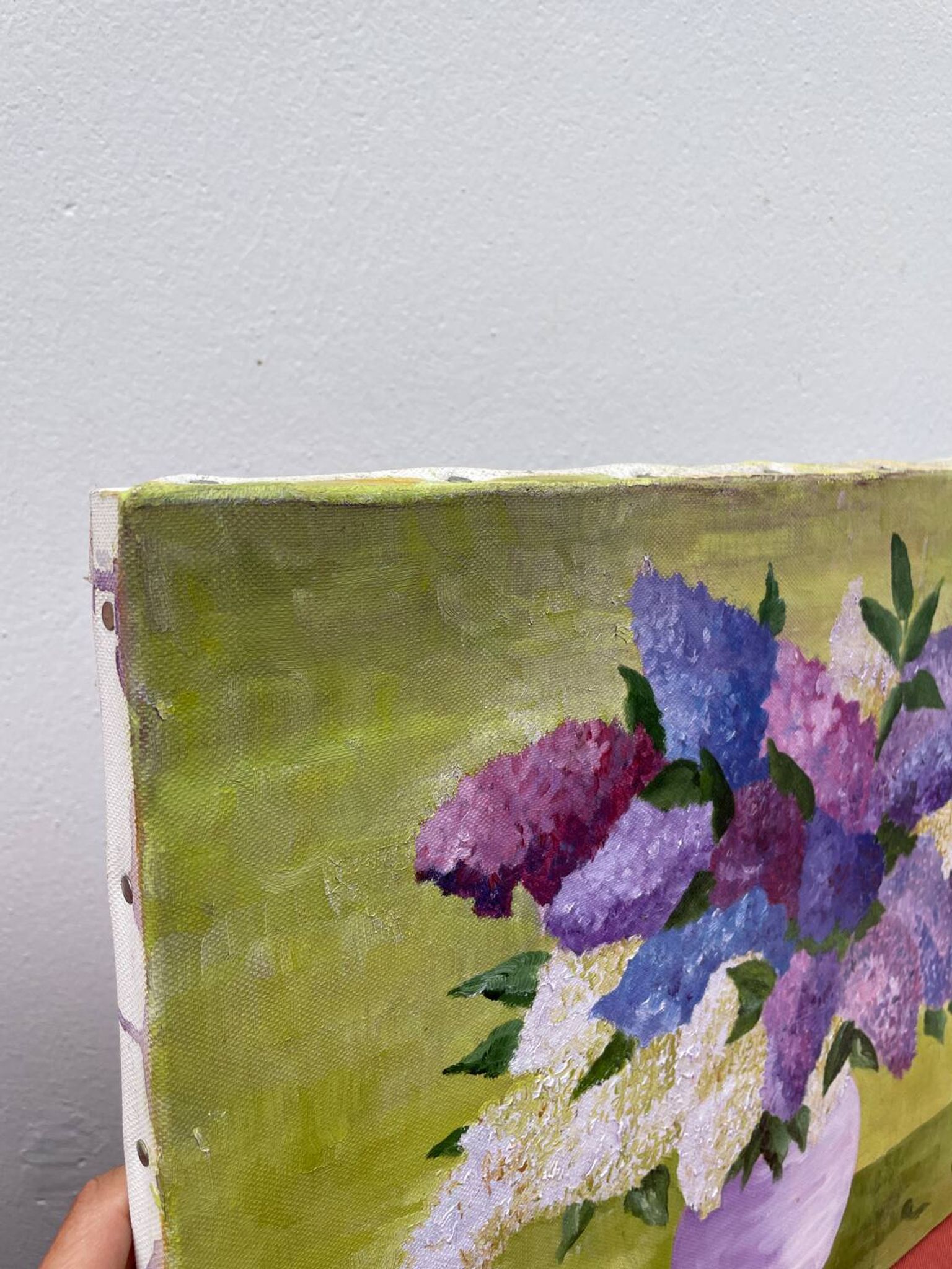 Painting bouquet of lilacs oil on canvas