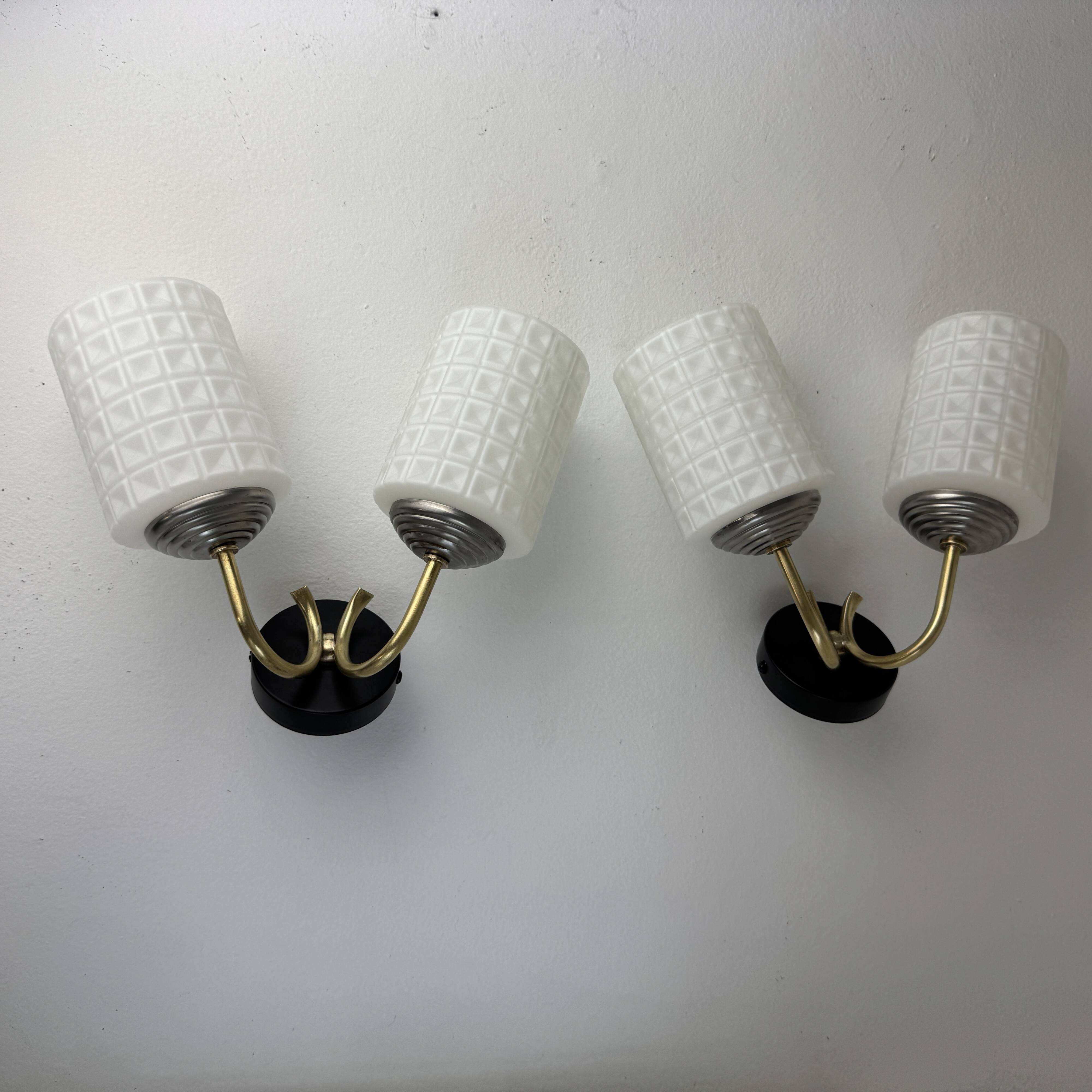 Pair of vintage 1950s double wall lights in opaline.